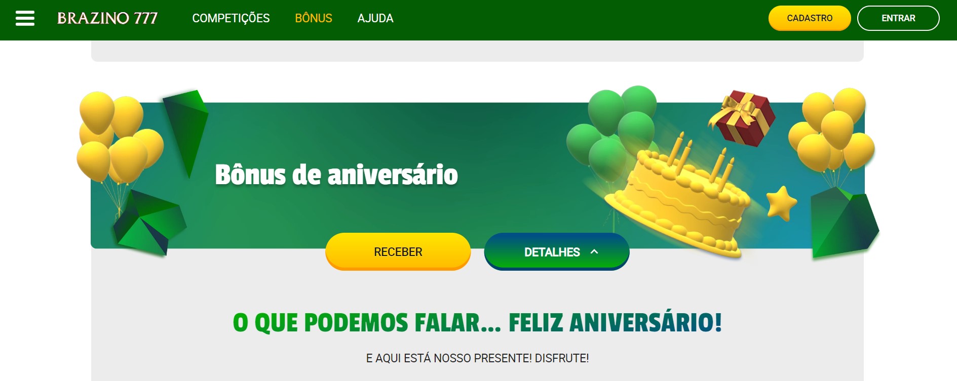 Bonus sem deposito Brazino para o seu aniversario