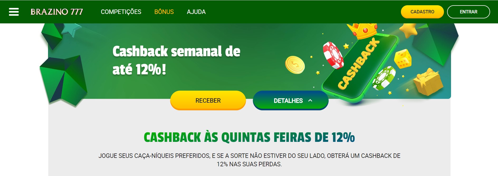 Cashback do cassino Brazino777