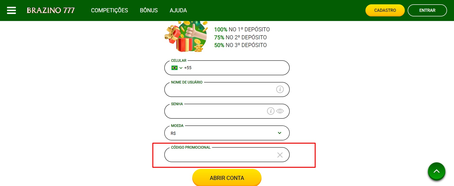 Codigo promocional Brazino ao criar uma conta