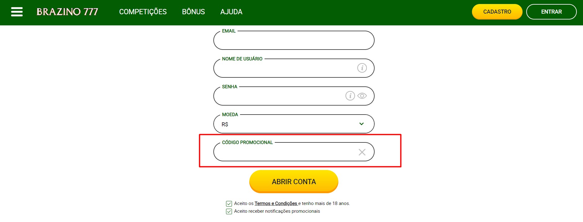 Como faco para usar um codigo promocional do Brazino 777